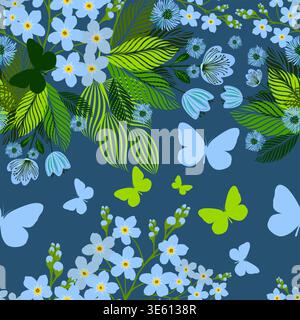 Seamless background with butterflies and blue flowers. Hand drawn. Not AI, vector illustration. Stock Vector