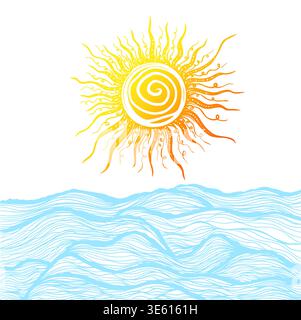 Sea graphic waves and the sun. Hand drawn. Not AI, vector illustration. Stock Vector