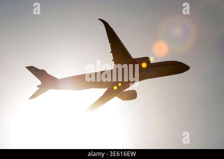 Silhouette of Airbus A350 aircraft flying during MAKS 2019 airshow in Zhukovsky, Russia Stock Photo