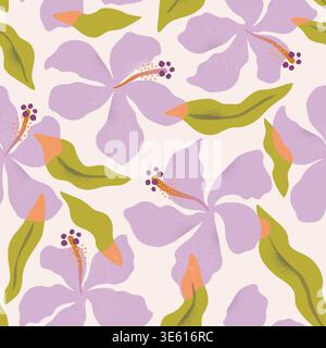 Hawaiian Tropical lilac flowers and artistic palm leaves on background. Seamless vector pattern. Stock Vector