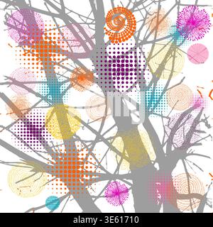 Abstraction of a tree branch with colored circles. Hand drawn. Not AI, vector illustration. Stock Vector