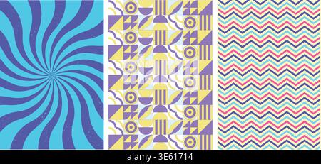 Retro geometric pattern posters with blue sunburst and yellow zigzag designs. Stock Vector