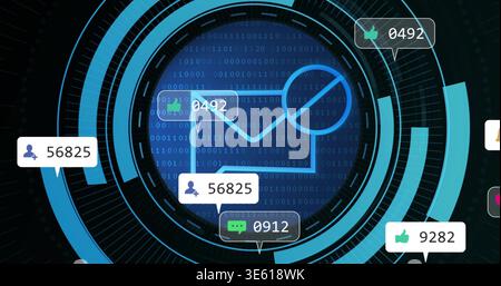Displaying central envelope icon with magnifier on digital HUD, showing binary rings and badges Stock Photo
