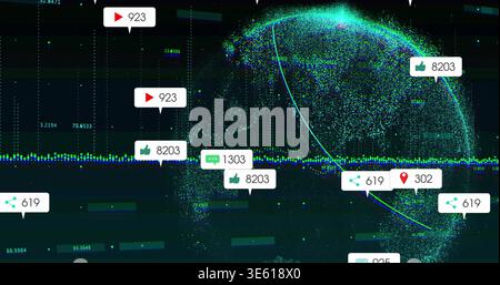 Animating point-cloud globe pulsing on right in virtual dashboard, with waveform and counters Stock Photo
