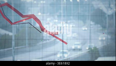 Displaying red descending graph and thin dark line over blurred city street with grid and labels Stock Photo