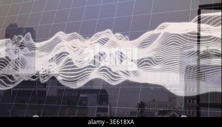 Displaying luminous waveform flowing over city rooftop from high-rise window, showing diagonal grid Stock Photo