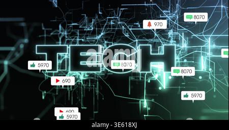 Glowing large TECH word hovering in network, showing floating notification badges and circuits Stock Photo