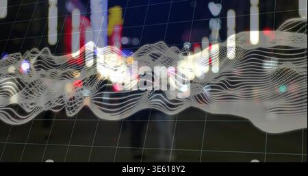Displaying abstract white waveform overlay floating over downtown night street, with grid lines Stock Photo