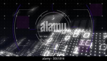 Pulsing central circular HUD reticle floating over virtual interface, with glowing binary digits Stock Photo