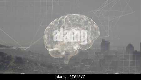 Hovering wireframe brain hologram glowing over hazy urban skyline, with lit neural net nodes Stock Photo