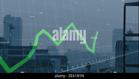 Displaying translucent chart over city skyline through glass curtain wall, bright green line rising Stock Photo
