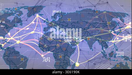 Displaying stylized global map on digital interface, showing glowing nodes, curved arcs, widgets Stock Photo