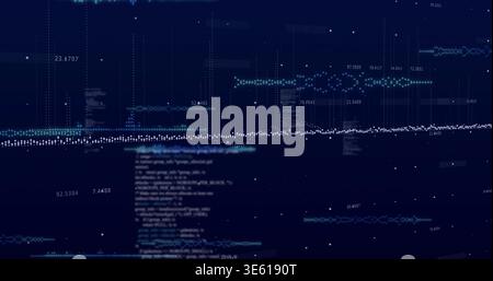 Displaying central dotted waveform moving across dark navy data dashboard, with vertical grid lines Stock Photo