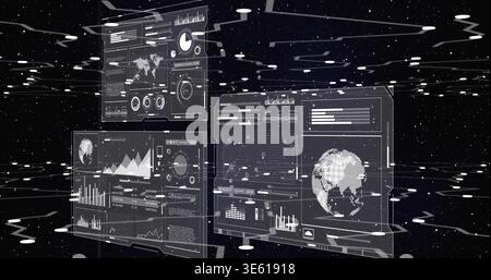 Displaying three holographic dashboards floating in virtual space, showing wireframe globe, charts Stock Photo