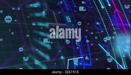 Displaying analytics panel glowing on 3D grid plane, with neon graphs, delivery truck, boxes, euro Stock Photo