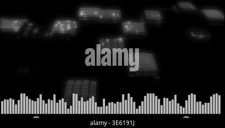 Displaying central audio visualizer pulsing in dark digital space, with glowing dotted panels Stock Photo