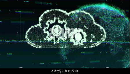 Displaying particle cloud icon with two gears on data dashboard, emitting glitch bands and readouts Stock Photo