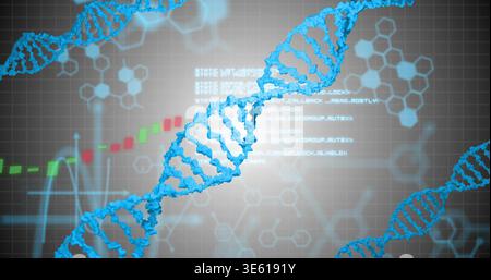Displaying 3D blue DNA helix running diagonally in lab HUD, with hex grid, code and ECG Stock Photo