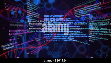 Twisting DNA-like helix weaving through programming code in cyberspace, hexagonal grid glowing Stock Photo
