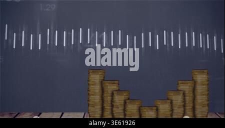 Displaying stacked gold coins forming stepped bar chart on wooden plank, with waveform overlay Stock Photo