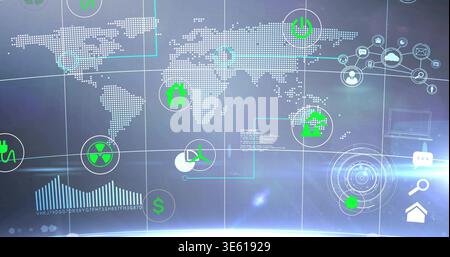 Displaying dotted global map on curved display, showing power and renewable icons, connectors Stock Photo