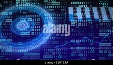 Displaying HUD-like circular interface rotating, scanning on digital dashboard with binary streams Stock Photo
