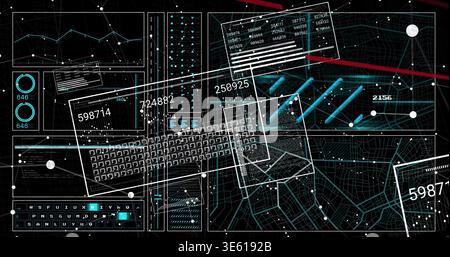 Displaying hologram dashboard showing translucent panels, wireframe map, numeric labels on console Stock Photo