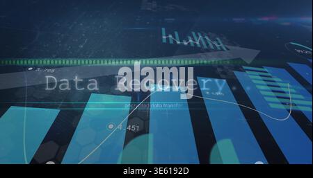 Displaying Data Recovery dashboard on dark screen, showing bar and line charts plus glossy arrow Stock Photo