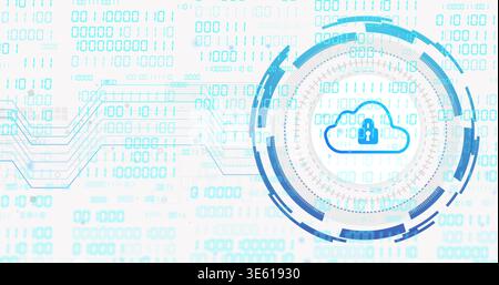 Displaying central circular HUD containing locked cloud at right, showing binary code, copy space Stock Photo