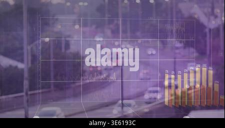 Displaying 3D grid data overlay spanning center of elevated highway at dusk, showing bar chart Stock Photo