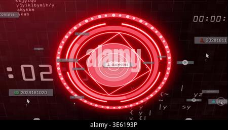 Displaying central red HUD glowing over dark grid UI, showing floating ID labels, cursor, timer Stock Photo
