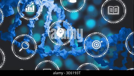 Displaying blue double helix running horizontally in abstract tech background, with HUD icons Stock Photo
