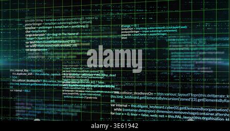 Displaying glowing green grid with overlaid console text on computer display, teal waveform band Stock Photo