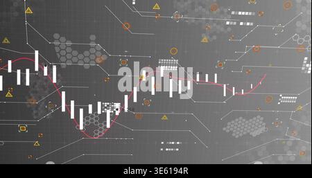 Displaying white candlestick bars tracking red trend line on financial dashboard, warning icons Stock Photo