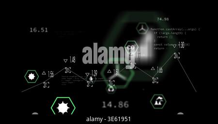 Displaying centered green hex node network on black dashboard, showing numeric labels, code text Stock Photo
