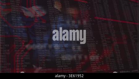 Displaying centered monitor showing dense columns with [REDACTED] tags, red lines, American flag Stock Photo