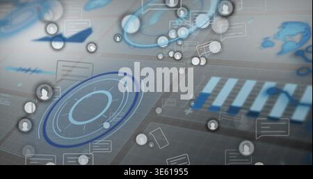Animating concentric HUD target pulsing on virtual dashboard, with avatar icons, chat bubbles, bars Stock Photo