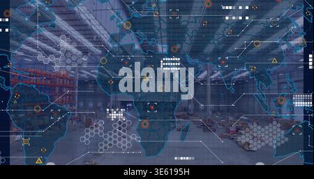 Displaying digital world map overlay over warehouse interior, with red racking, stacked pallets Stock Photo