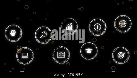 Showing centered nine glowing icons pulsing on black dashboard, with search, analytics, target Stock Photo
