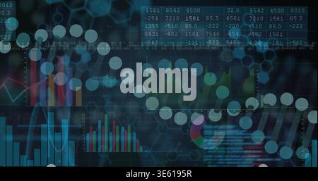 Displaying helix of translucent nodes running across dark data dashboard, showing teal bars, matrix Stock Photo