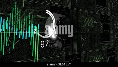 Displaying vertical cyan and green bars with circular 97 gauge over globe on dark trading dashboard Stock Photo