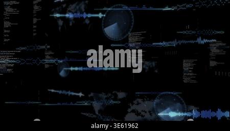 Displaying digital HUD with waveform traces, radar circles, dotted world map on virtual console Stock Photo