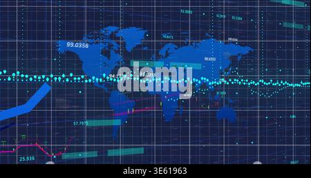 Displaying blue world map showing turquoise dotted trend line and labels on analytics dashboard Stock Photo