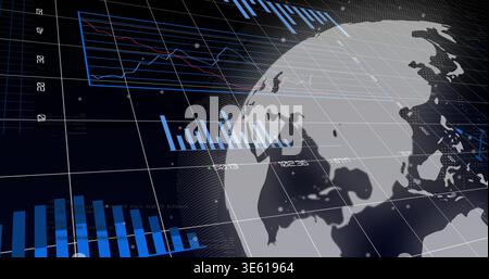 Hovering translucent 3D globe occupying right frame over perspective grid, showing blue bar charts Stock Photo