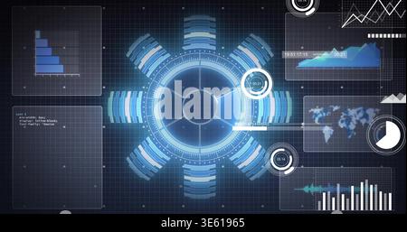 Displaying central circular interface hub pulsing on navy grid, with clear panels and dial widgets Stock Photo