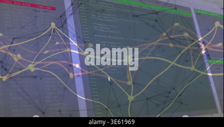 Displaying two wide monitors showing code and terminal at developer desk, with network mesh Stock Photo