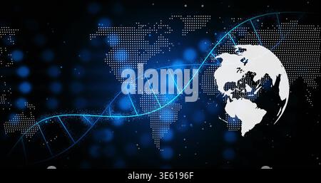 Sweeping glowing blue DNA helix linking dotted world map and white globe on dark navy background Stock Photo