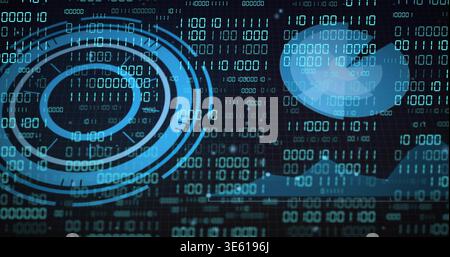 Displaying ringed HUD left on grid UI with scrolling binary, faint globe, waveform, copy space Stock Photo