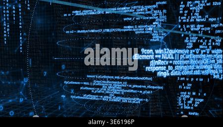Glowing central cluster of floating code panels pulsing inside 3D tunnel, with wireframe grid Stock Photo