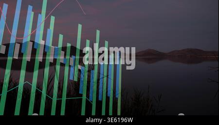 Showing translucent bar chart and line graphs overlaying calm lake at dusk, reflecting reeds, snags Stock Photo